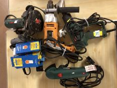 Collection of electric hand-held tools to include nail gun, router, drill, sander etc