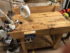 Woodworking carpenters bench with light and vice, approx 114cm x 62cm x 82cm