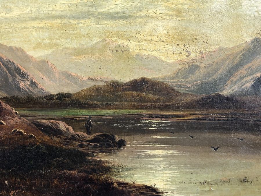 Charles Leslie (1839-1886) an oil on canvas no frame, Highland fishing scene (condition is poor with - Image 2 of 6