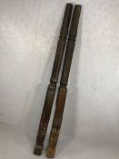 Architectural salvage: Pair of solid turned wood four poster bed posts, each approx 200cm in length