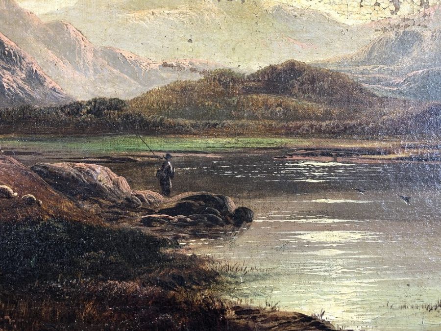 Charles Leslie (1839-1886) an oil on canvas no frame, Highland fishing scene (condition is poor with - Image 3 of 6