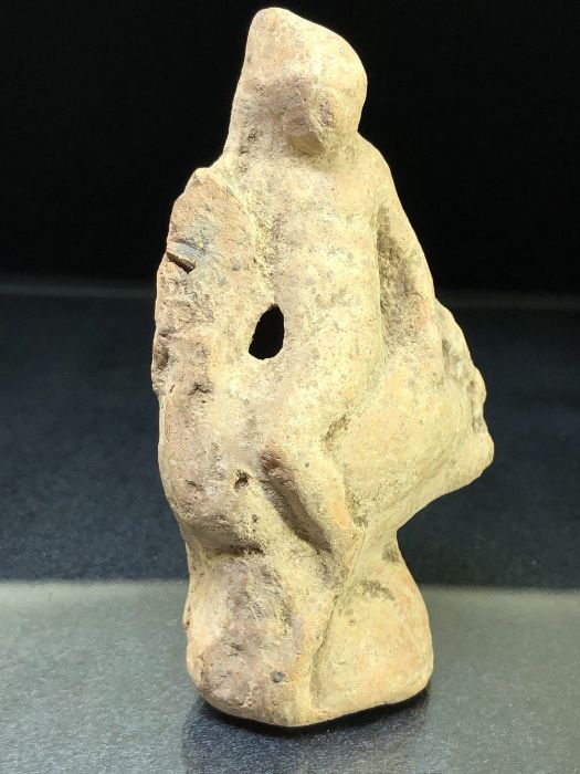 Terracotta pipe clay figurine, possibly Roman, depicting a youth seated backwards, on the back of - Image 3 of 8