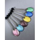 Silver hallmarked coffee spoons with coloured enamel scallop shell designed backs hallmarked for