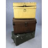 Two metal vintage trunks and a wooden military ammunition box