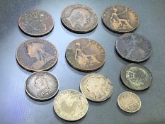 Collection of coins to include1887 victoria jubilee head shilling, Hibernia 1782, plus pennies