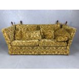 Contemporary knowle drop arm sofa by Brights of Nettlebed, with turned wood finials, approx 200cm in