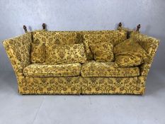 Contemporary knowle drop arm sofa by Brights of Nettlebed, with turned wood finials, approx 200cm in