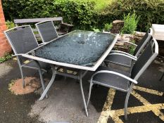 Garden patio table and chair set, table with glass top, four chairs