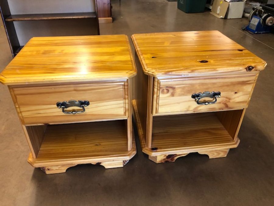 Pair of pine bedside tables, each approx 47cm x 44cm x 48cm tall