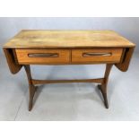 Mid Century G-Plan teak drop leaf writing / side table, raised on splayed legs with stretcher,