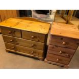 Low pine chest of four drawers, approx 80cm x 38cm x 59cm tall, and a singe pine chest / bedside