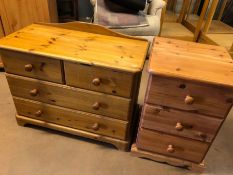 Low pine chest of four drawers, approx 80cm x 38cm x 59cm tall, and a singe pine chest / bedside