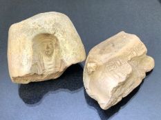 Two fragments of terracotta tile, possibly Egyptian in origin, one depicting the face of a