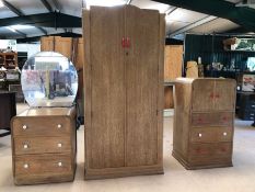 Mid Century light wood bedroom suite consisting of single wardrobe, small chest of three drawers