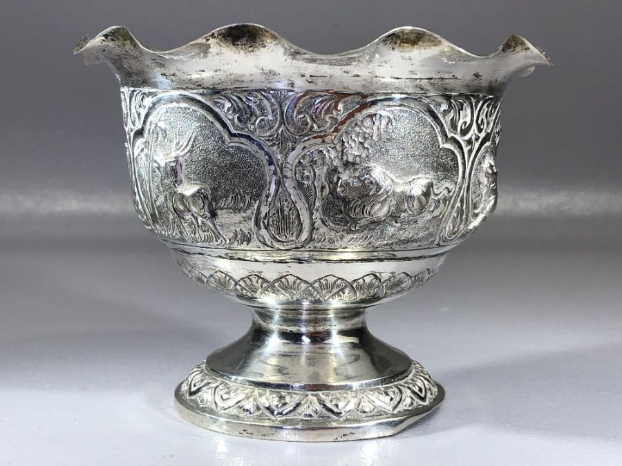 Indian silver bowl marked V.75 and with Repousse decoration depicting Boars, Elephants, Lions etc - Image 3 of 6