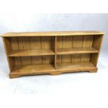 Long low pine book shelf / shoe rack, approx 152cm x 26cm x 71cm tall