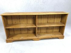 Long low pine book shelf / shoe rack, approx 152cm x 26cm x 71cm tall
