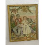 Antique framed tapestry depicting two figures in a landscape with trees and flowers, approx 46cm x
