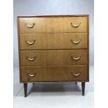Mid Century tola wood chest of four drawers by Meredew, approx 76cm x 46cm x 91cm tall