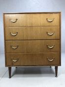 Mid Century tola wood chest of four drawers by Meredew, approx 76cm x 46cm x 91cm tall