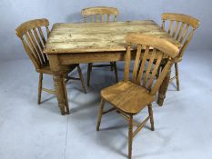 Small antique pine kitchen table on turned legs with single drawer, approx 120cm x 84cm x 72cm tall,