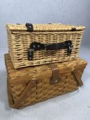Two vintage picnic baskets / hampers, one with contents