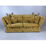 Contemporary knowle drop arm sofa by Brights of Nettlebed, with turned wood finials, approx 200cm in