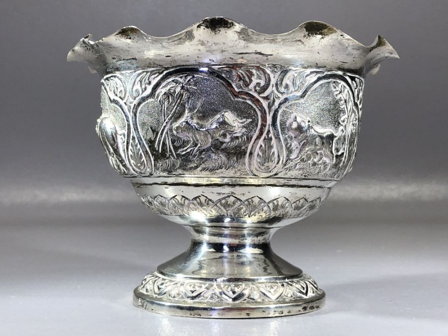 Indian silver bowl marked V.75 and with Repousse decoration depicting Boars, Elephants, Lions etc - Image 2 of 6