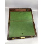 Antique writing box with green leather, original inkwell, original key and brass detailing, approx