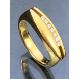 18ct Gold contemporary style ring set with a row of seven diamonds size 'O' and total weight 8.2g