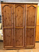 Modern pine three door wardrobe, approx 130cm x 54cm x 179cm tall