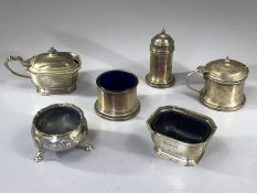 Collection of various Silver hallmarked salts and cruet set items, four with Blue glass liners and