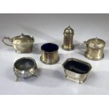 Collection of various Silver hallmarked salts and cruet set items, four with Blue glass liners and
