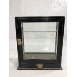 Ebonised wood and glass small display / specimen cabinet with two internal shelves, single drawer to
