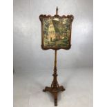 Victorian carved and turned wood, tapestry pole / fire screen on tripod and scroll feet, approx