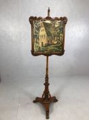Victorian carved and turned wood, tapestry pole / fire screen on tripod and scroll feet, approx