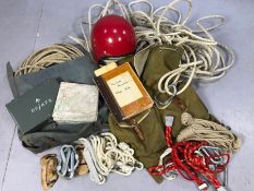 Collection of vintage climbing / mountaineering equipment to include ropes, helmet, ruck sacks,