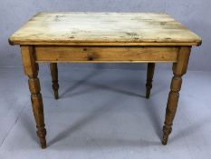 Small antique pine table on turned legs, approx 96cm x 68cm x 74cm tall