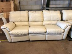 Modern cream leather three seater sofa, approx 210cm in length, with reclining seats