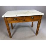 Early 20th century tin topped pine table, bears label, 'The Castell Table' with two drawers, cup