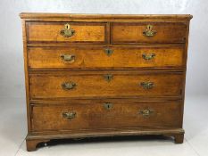 Victorian oak chest of five drawers with brass furniture, approx 111cm x 54cm x 95cm tall