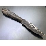Table knife with carved bronze handle depicting an embracing couple, approx 15cm in length