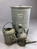 Vintage galvanised items to include Burcow water heater and two watering cans