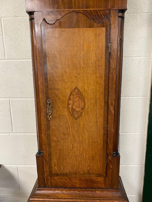 Longcase grandfather clock with painted face depicting Nelson, brass finials and column supports - Image 4 of 9