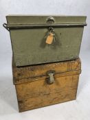 Two vintage metal boxes, one lockable, the larger approx 40cm x 40cm x 30cm