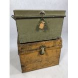 Two vintage metal boxes, one lockable, the larger approx 40cm x 40cm x 30cm