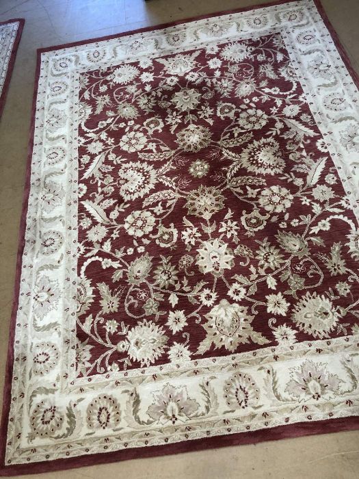 Large Chinese wool pink ground rug, approx 270cm x 360cm