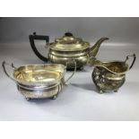 Hallmarked Silver London by Mappin & Webb Ltd comprising Teapot, Milk jug and sugar bowl (one foot
