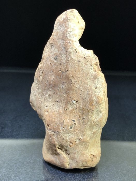 Terracotta pipe clay figurine, possibly Roman, depicting a youth seated backwards, on the back of - Image 4 of 8