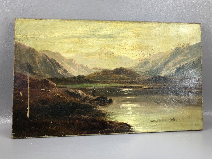 Charles Leslie (1839-1886) an oil on canvas no frame, Highland fishing scene (condition is poor with - Image 4 of 6